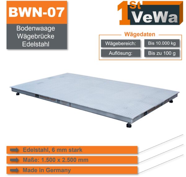 Bodenwaage aus Edelstahl - Maße 1500x2500 mm - Wägebereich bis 10 t